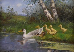 Pair of landscape oil paintings of ducks & ducklings by a river
