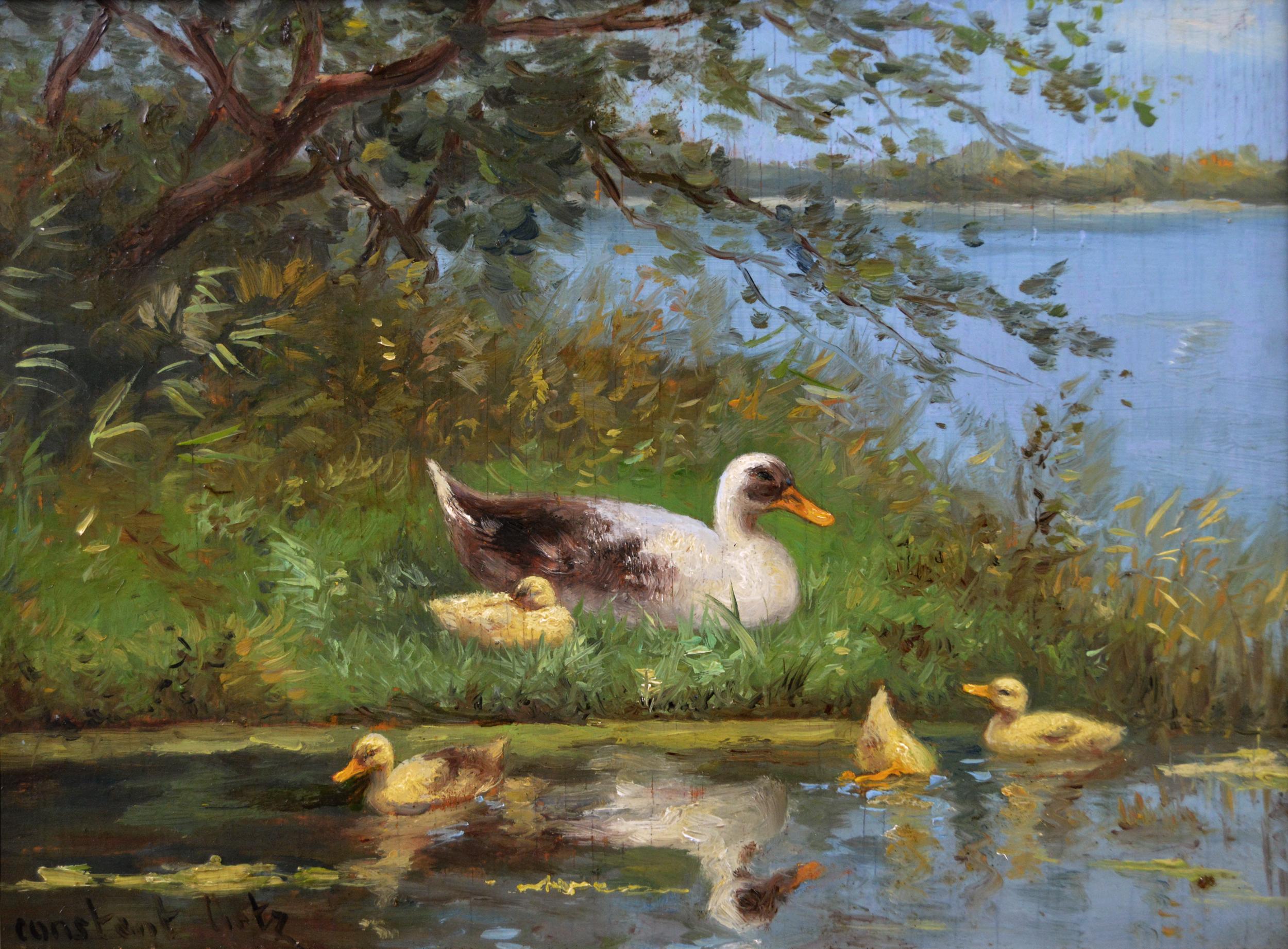 Pair of landscape oil paintings of ducks & ducklings by a river  - Victorian Painting by Constant Ludovic Artz