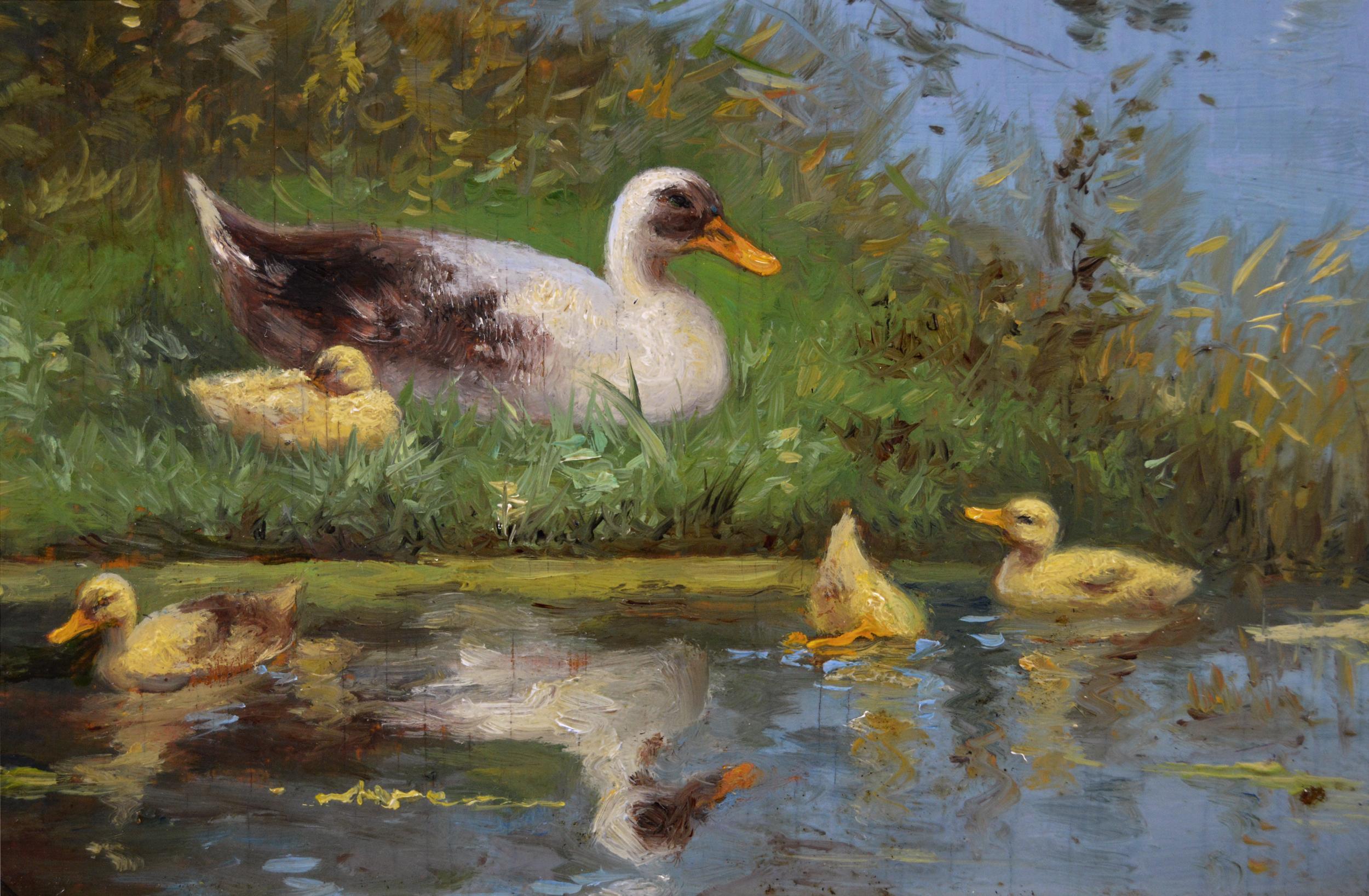 Pair of landscape oil paintings of ducks & ducklings by a river  - Brown Landscape Painting by Constant Ludovic Artz