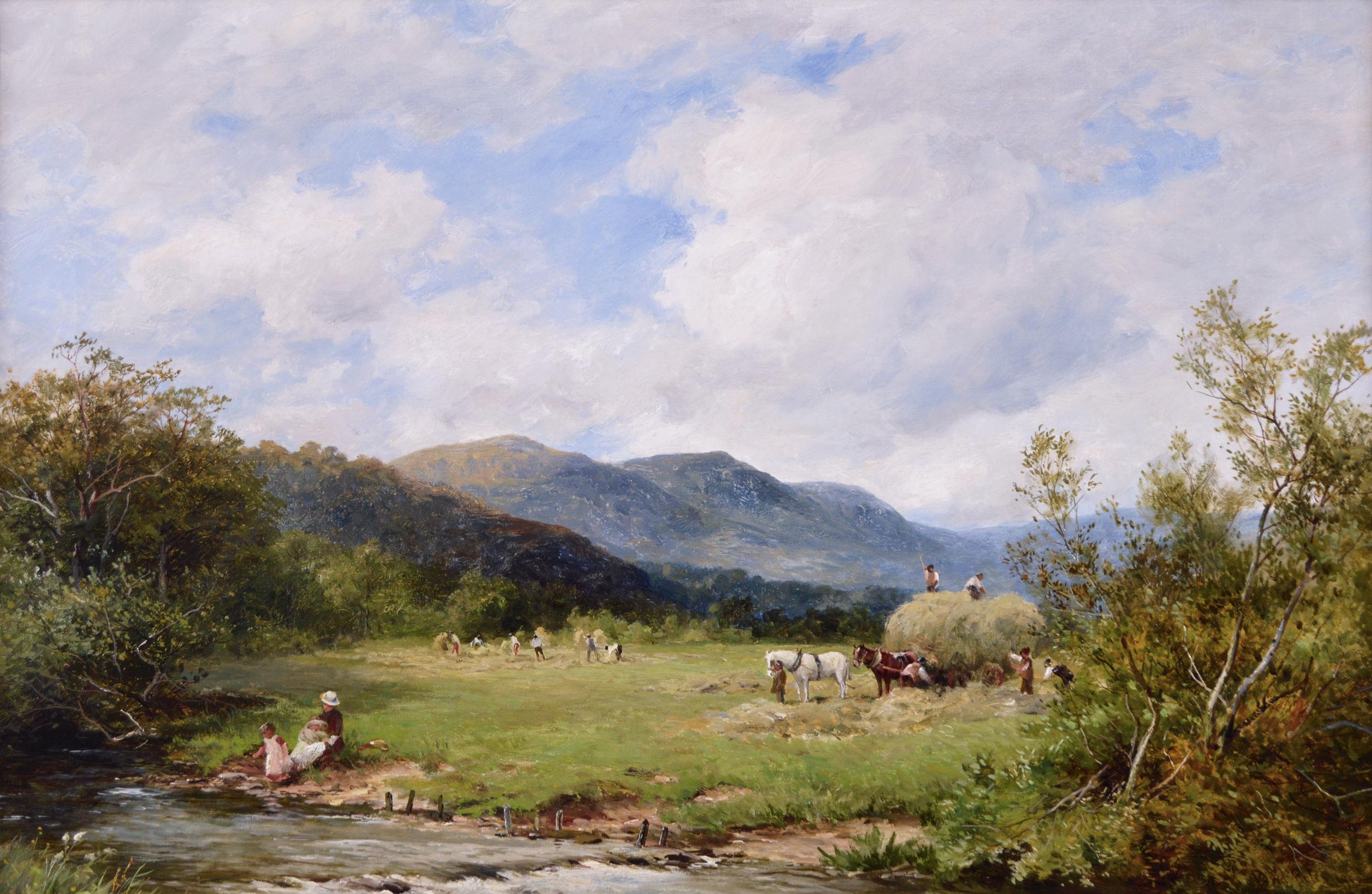 19th Century landscape oil painting of hay making in the Lake District - Painting by David Bates