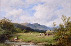 19th Century landscape oil painting of hay making in the Lake District