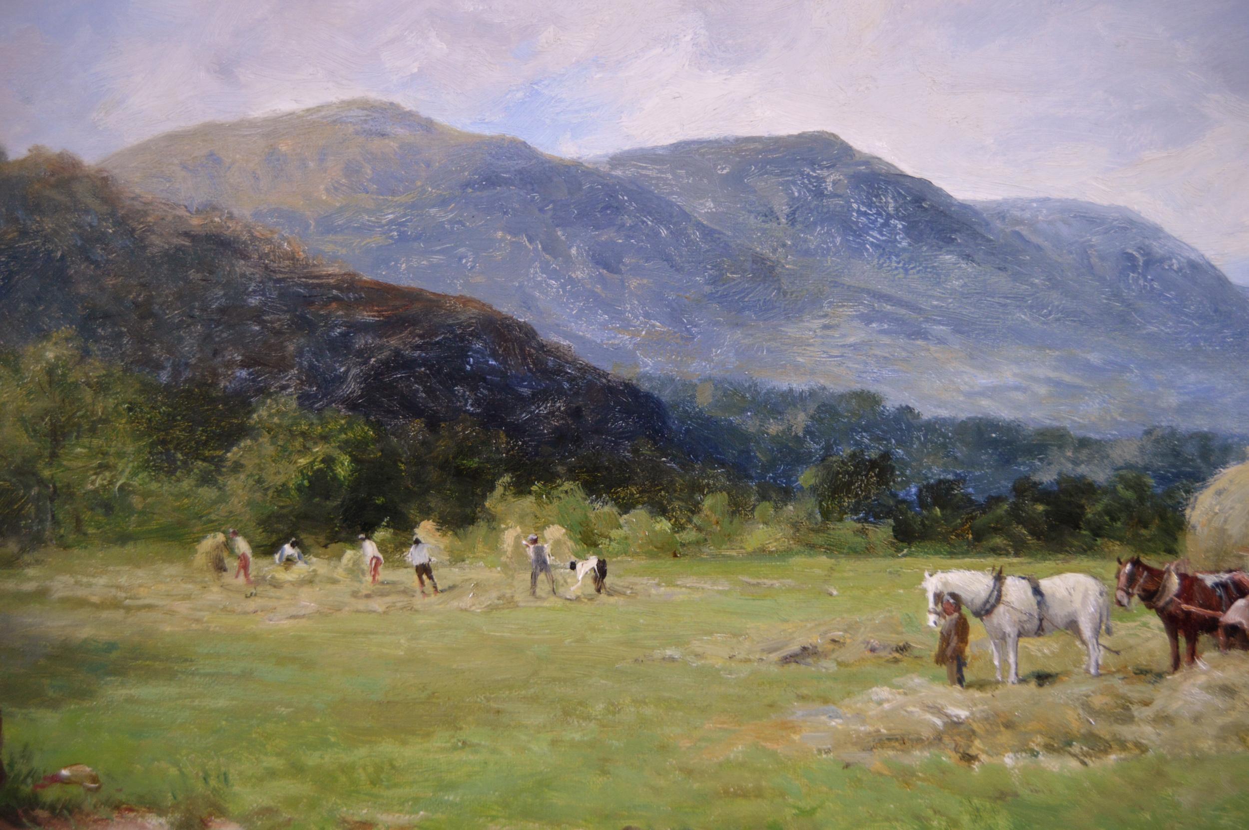 19th Century landscape oil painting of hay making in the Lake District - Brown Landscape Painting by David Bates
