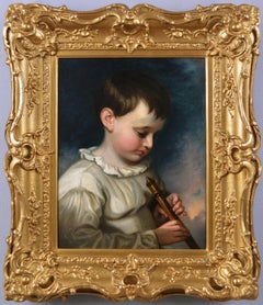 Peinture à l'huile de genre du début du 19e siècle représentant un garçon jouant de la flûte 