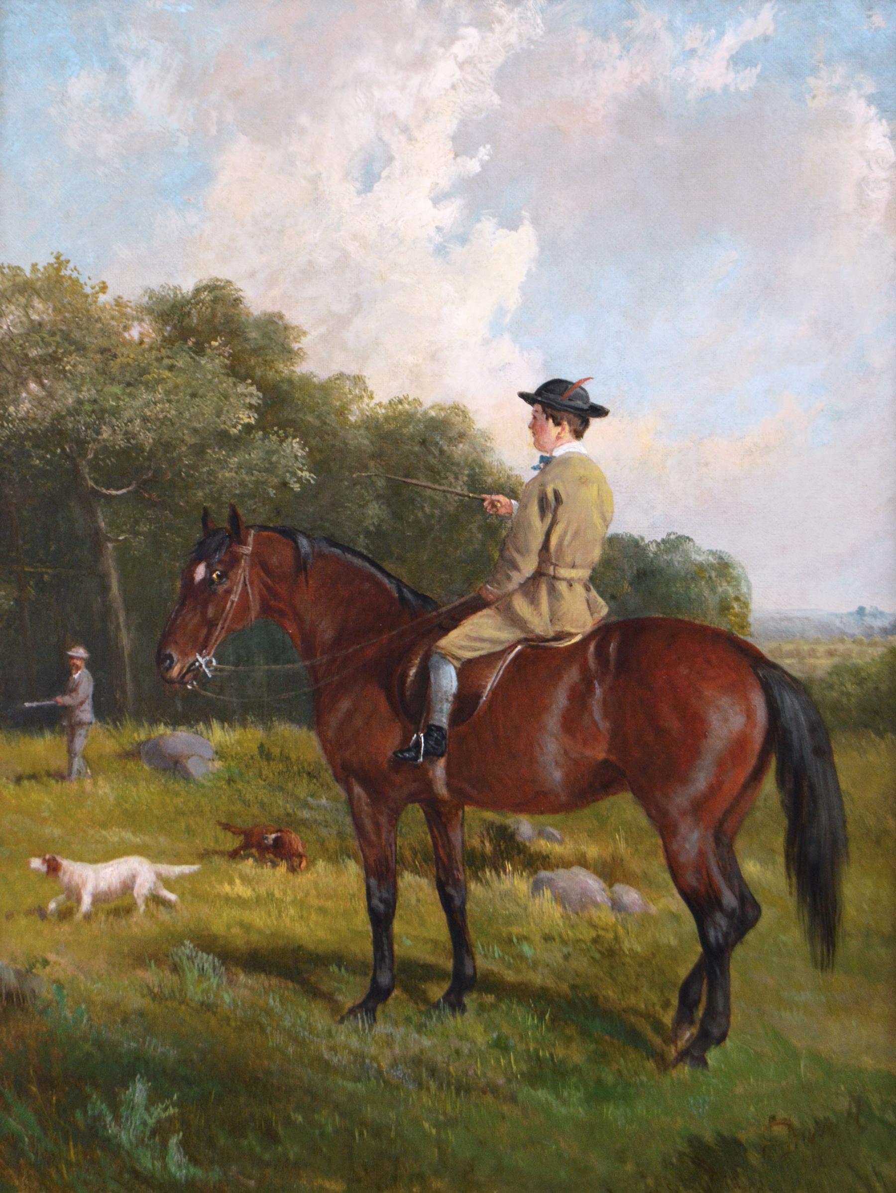 19th Century sporting oil painting of a horse and dogs hunting - Painting by John Duvall