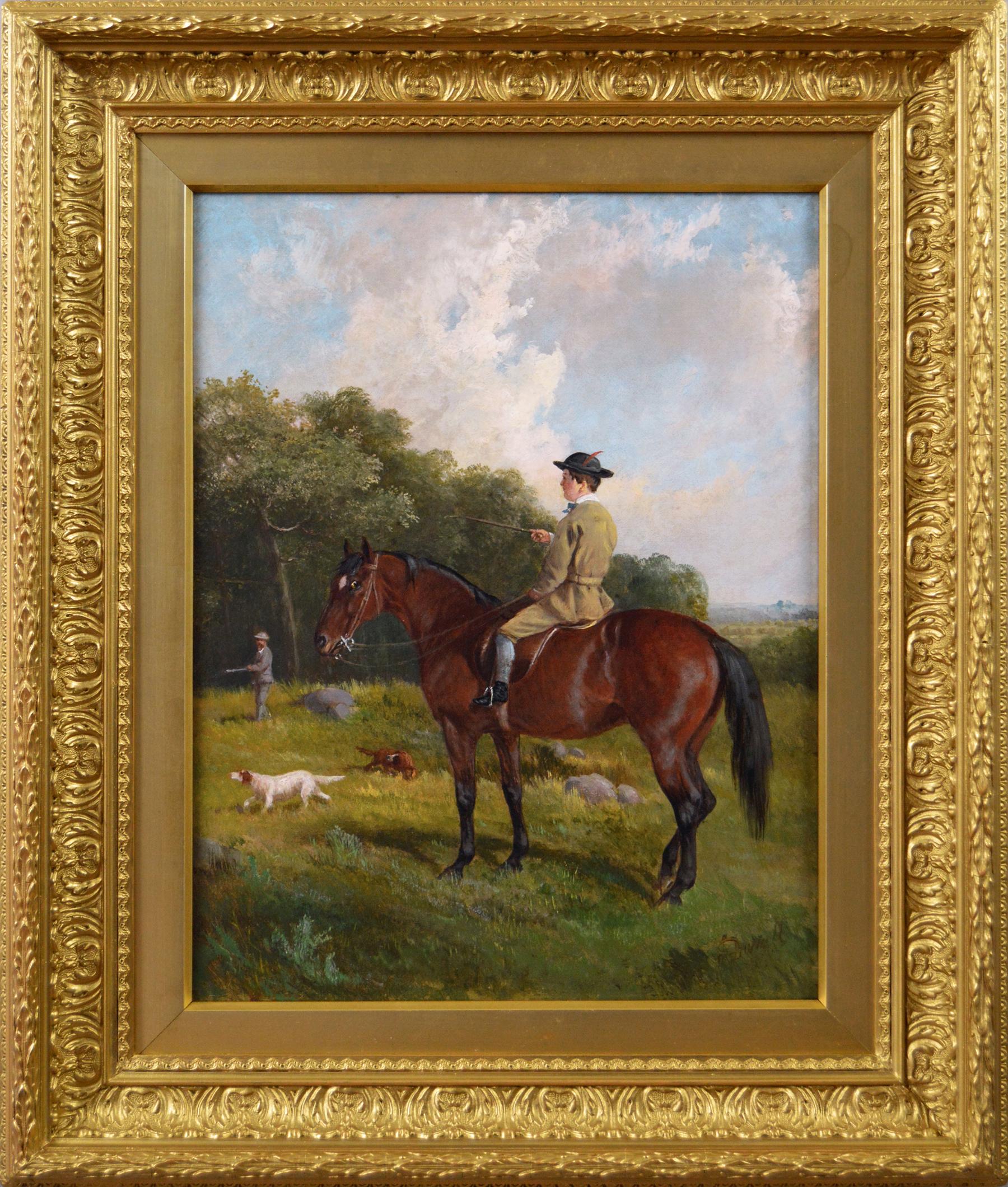 John Duvall Animal Painting - 19th Century sporting oil painting of a horse and dogs hunting