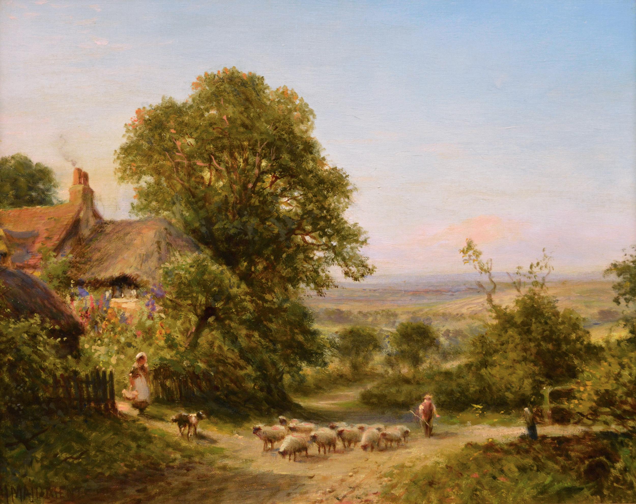 19th Century landscape oil painting of sheep near a cottage - Painting by Henry Maidment