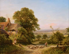19th Century landscape oil painting of sheep near a cottage