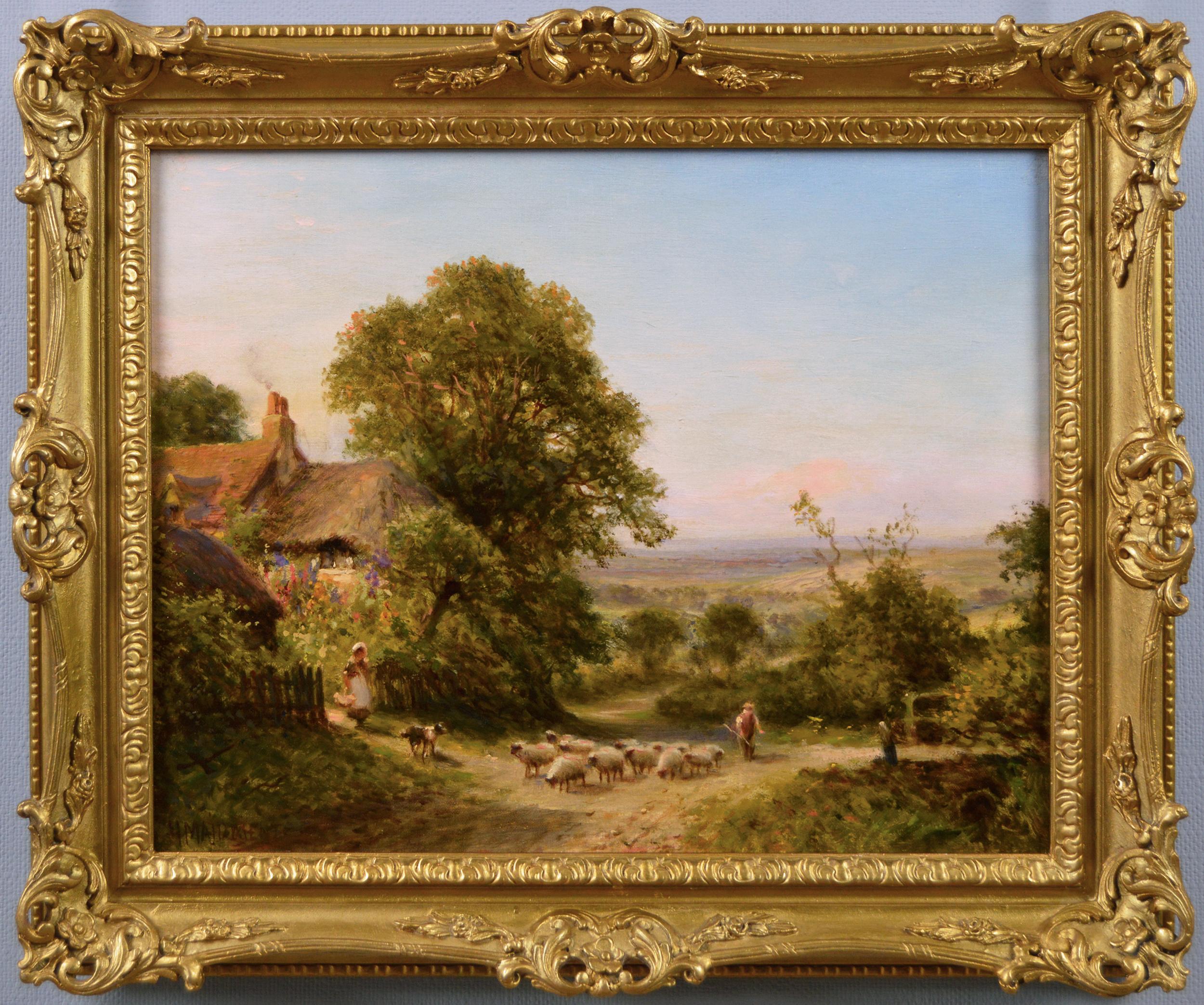 Henry Maidment Landscape Painting - 19th Century landscape oil painting of sheep near a cottage