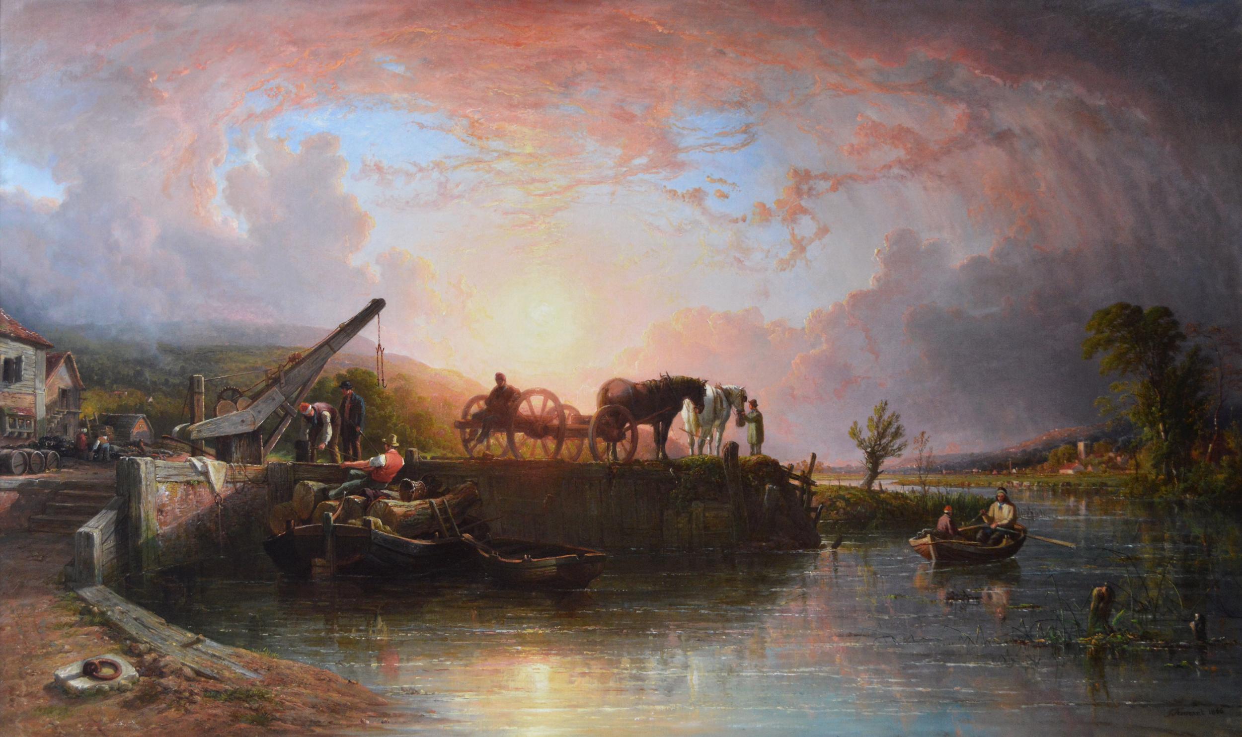 Large scale 19th Century river landscape oil painting of a wharf at sunset  - Painting by John Frederick Tennant