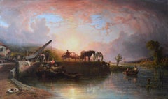 Large scale 19th Century river landscape oil painting of a wharf at sunset