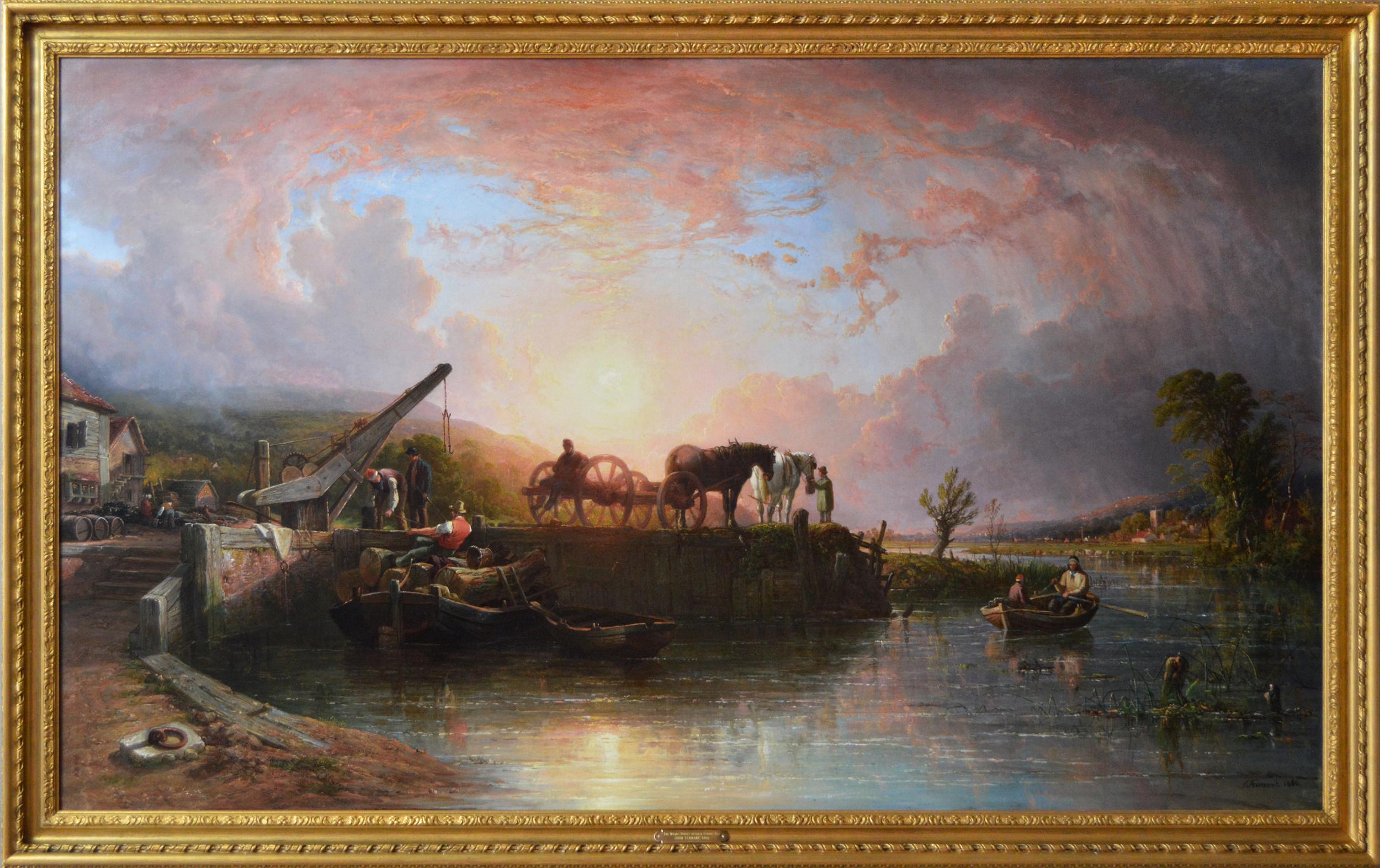 John Frederick Tennant Animal Painting - Large scale 19th Century river landscape oil painting of a wharf at sunset 