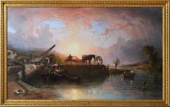 Large scale 19th Century river landscape oil painting of a wharf at sunset
