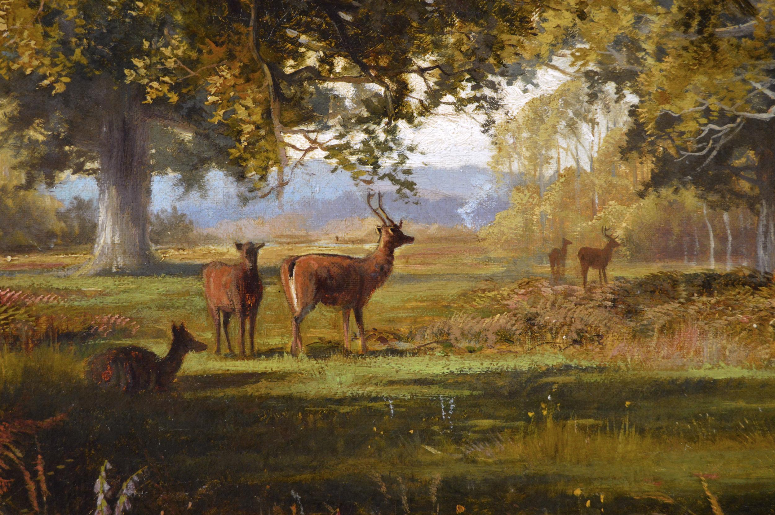 19th Century landscape oil painting of deer in a wood  - Victorian Painting by Arthur Walker Redgate