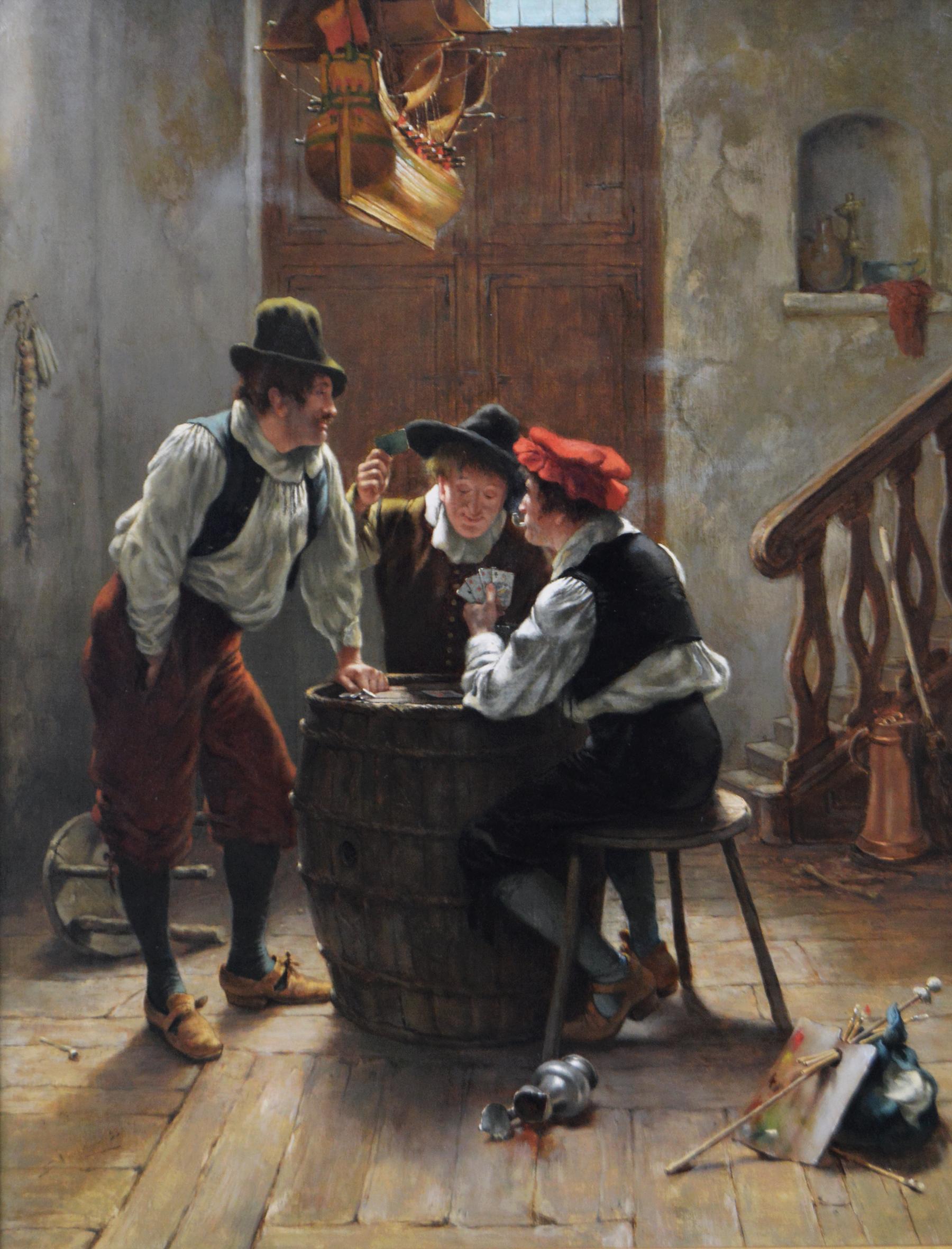 19. Jahrhundert Genre-historisches Ölgemälde von Männern, die Karten spielen – Painting von Stephen Lewin