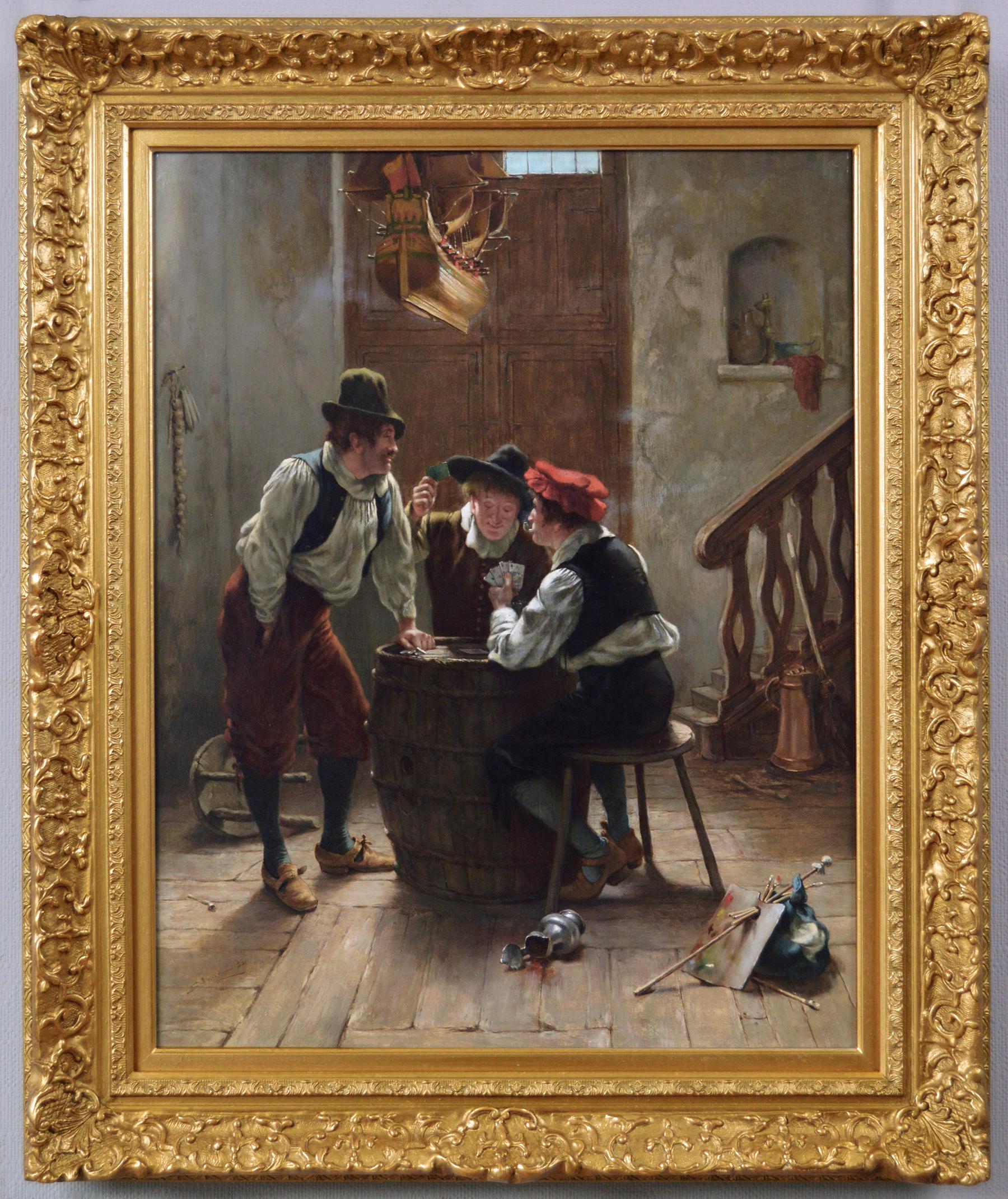 19th Century genre historical oil painting of men playing cards 