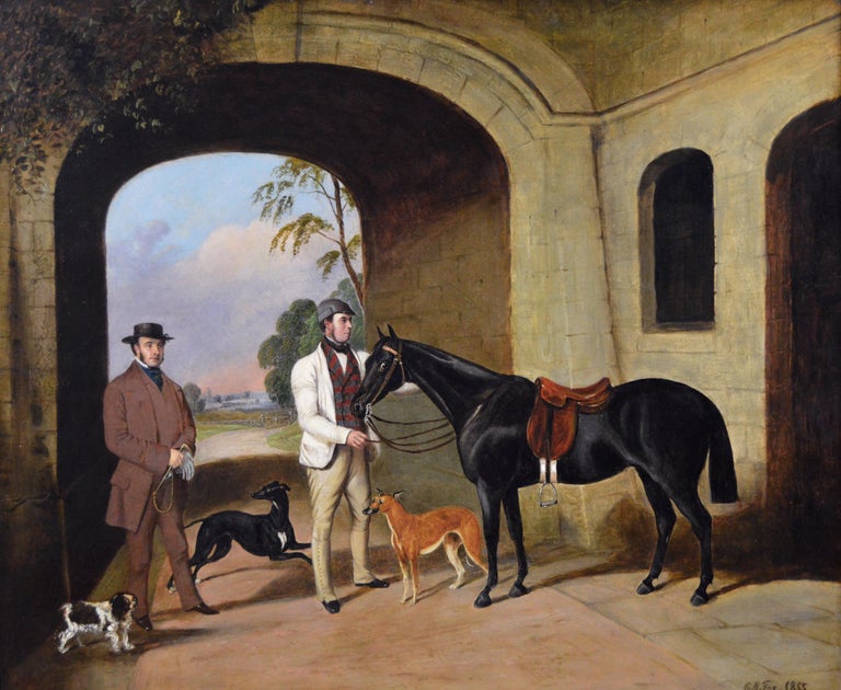 19th Century sporting oil painting of a gentleman with his groom, horse and dogs - Painting by Edwin M Fox