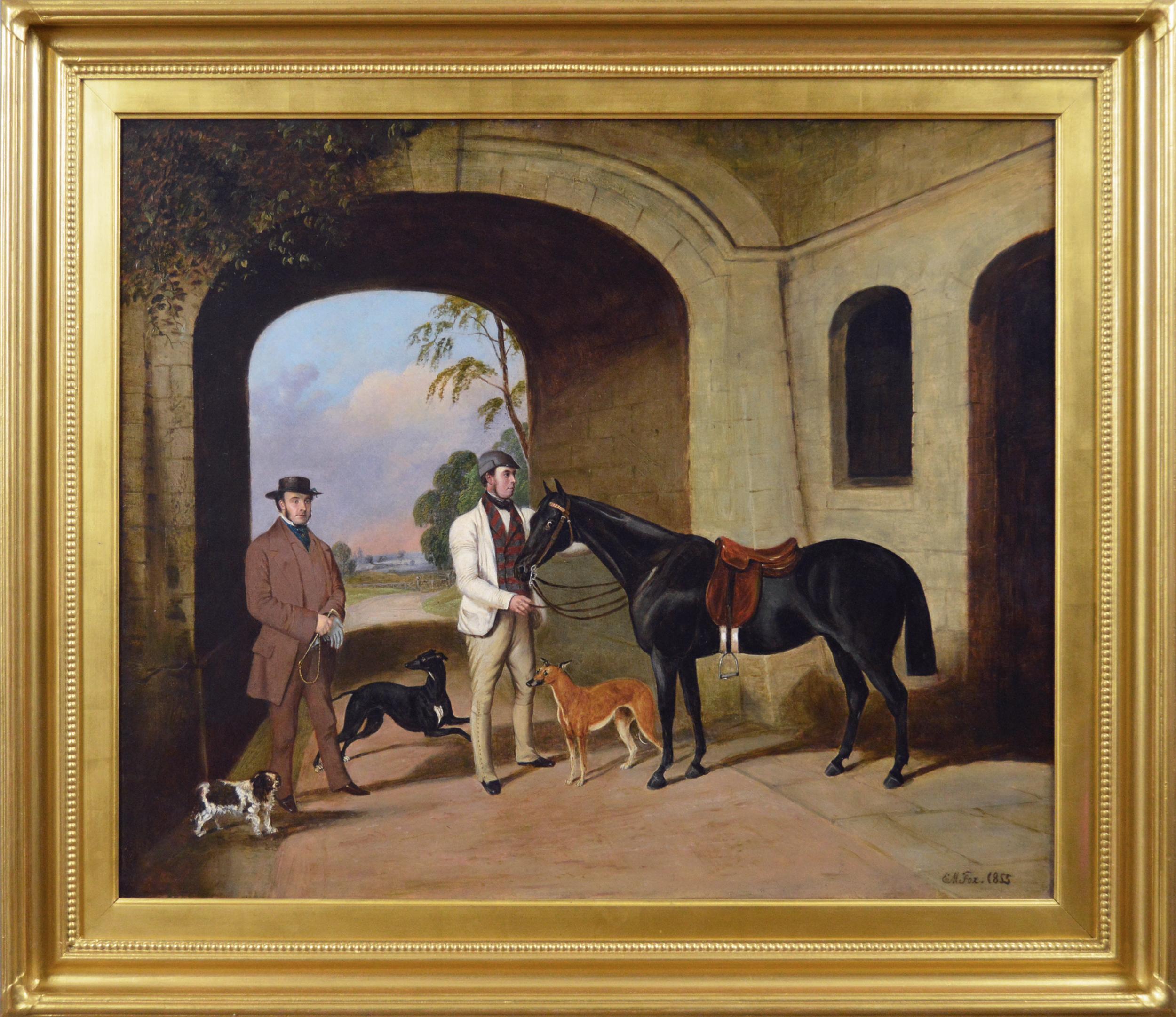 19th Century sporting oil painting of a gentleman with his groom, horse and dogs