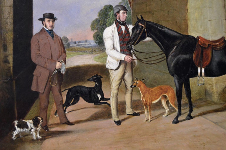 19th Century sporting oil painting of a gentleman with his groom, horse and dogs - Victorian Painting by Edwin M Fox
