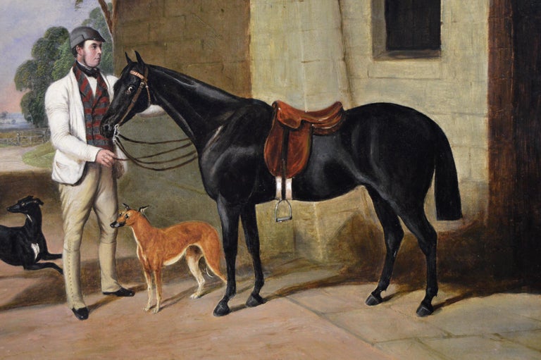 19th Century sporting oil painting of a gentleman with his groom, horse and dogs - Brown Animal Painting by Edwin M Fox