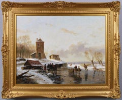 Winter landscape oil painting of people skating 