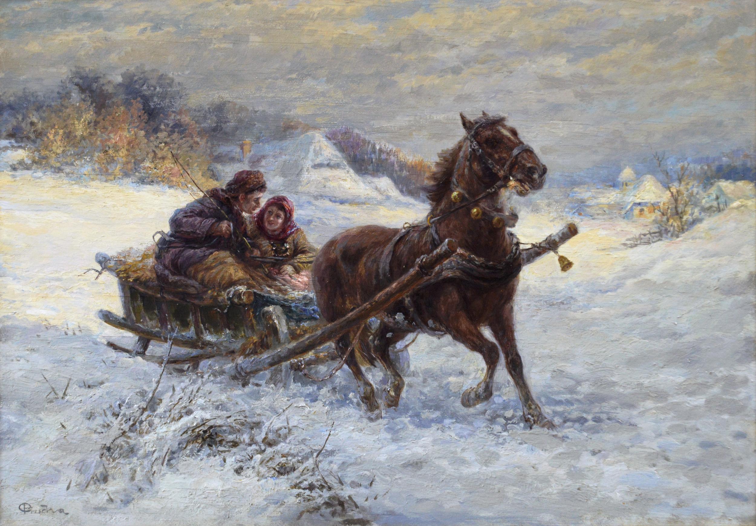 Winter landscape oil painting of a horse and sleigh - Painting by Gustav Prucha