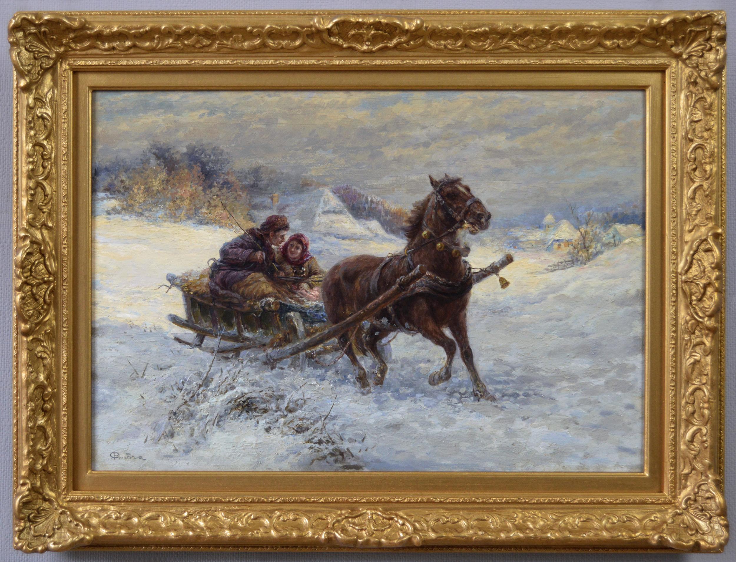 Gustav Prucha Landscape Painting - Winter landscape oil painting of a horse and sleigh