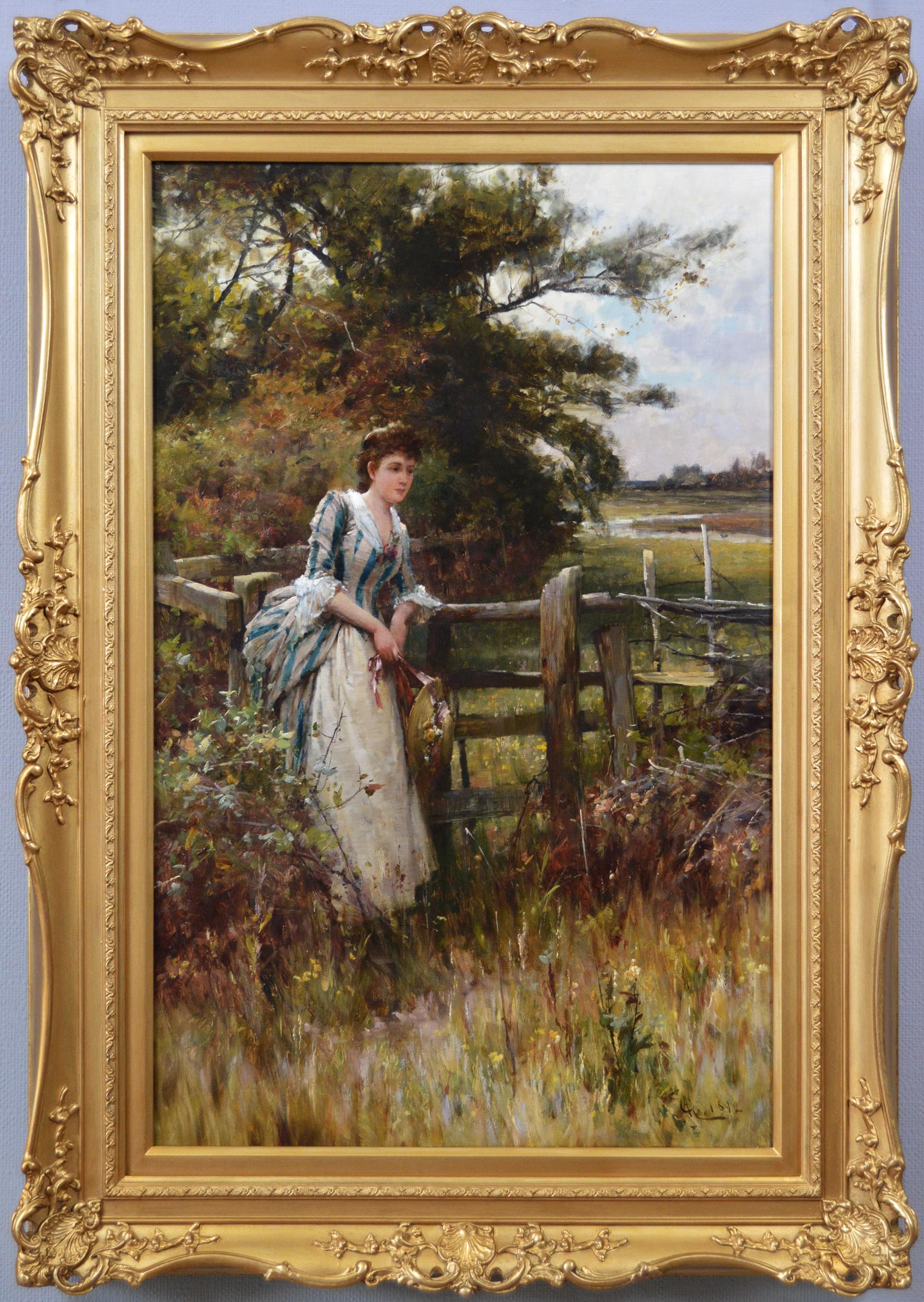 19th Century genre oil painting of a young woman in a meadow 