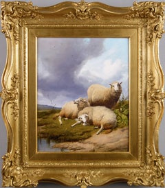 19th Century landscape oil painting of sheep 