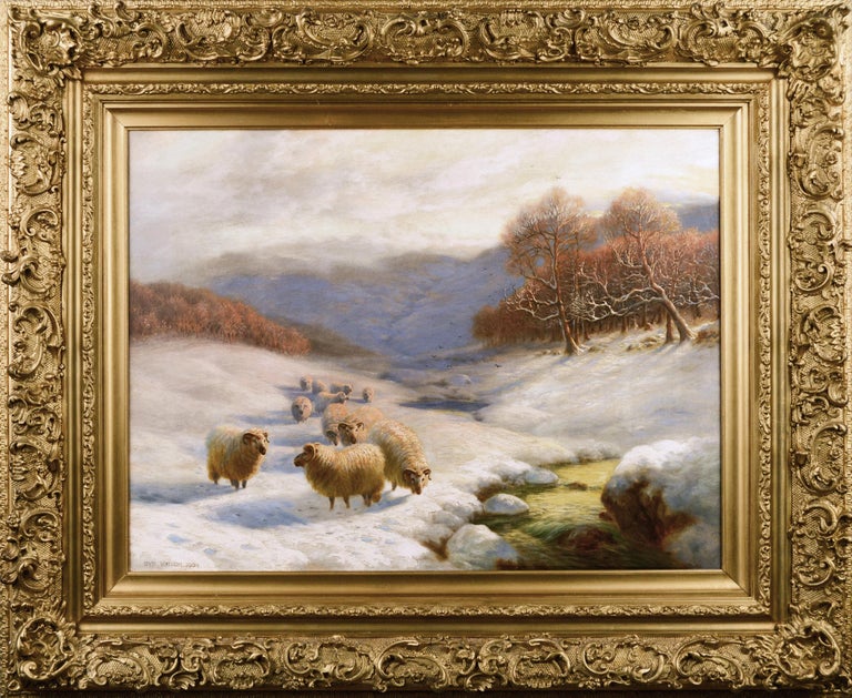 Sydney Arthur Watson Animal Painting - Scottish winter landscape oil painting with sheep 