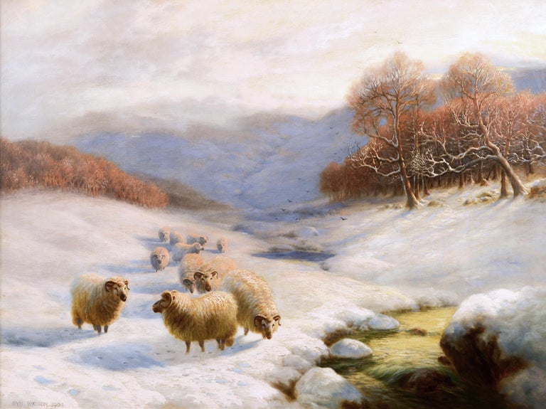 Scottish winter landscape oil painting with sheep  - Painting by Sydney Arthur Watson