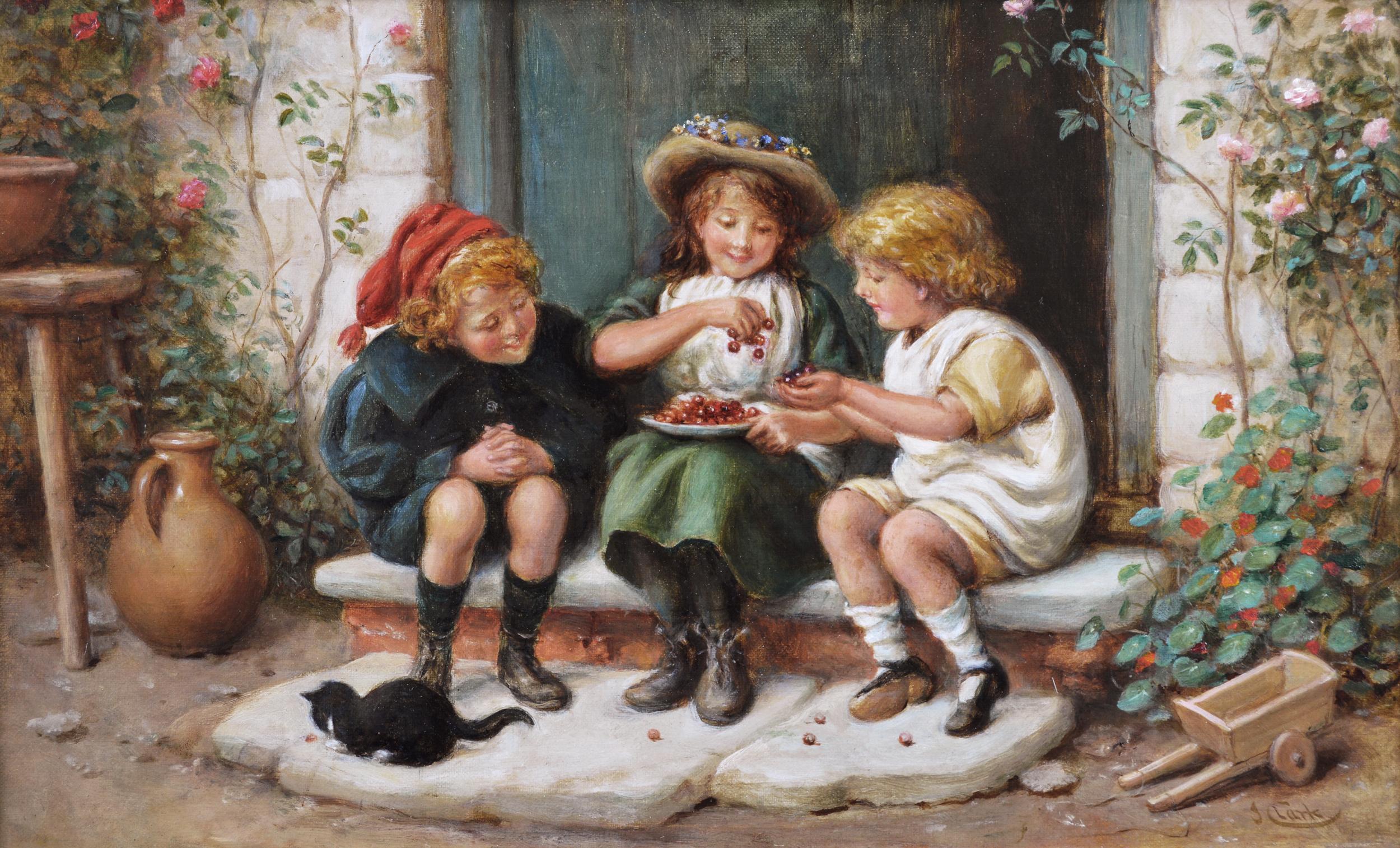 19th Century genre oil painting of three children & a kitten - Painting by Joseph Clark 
