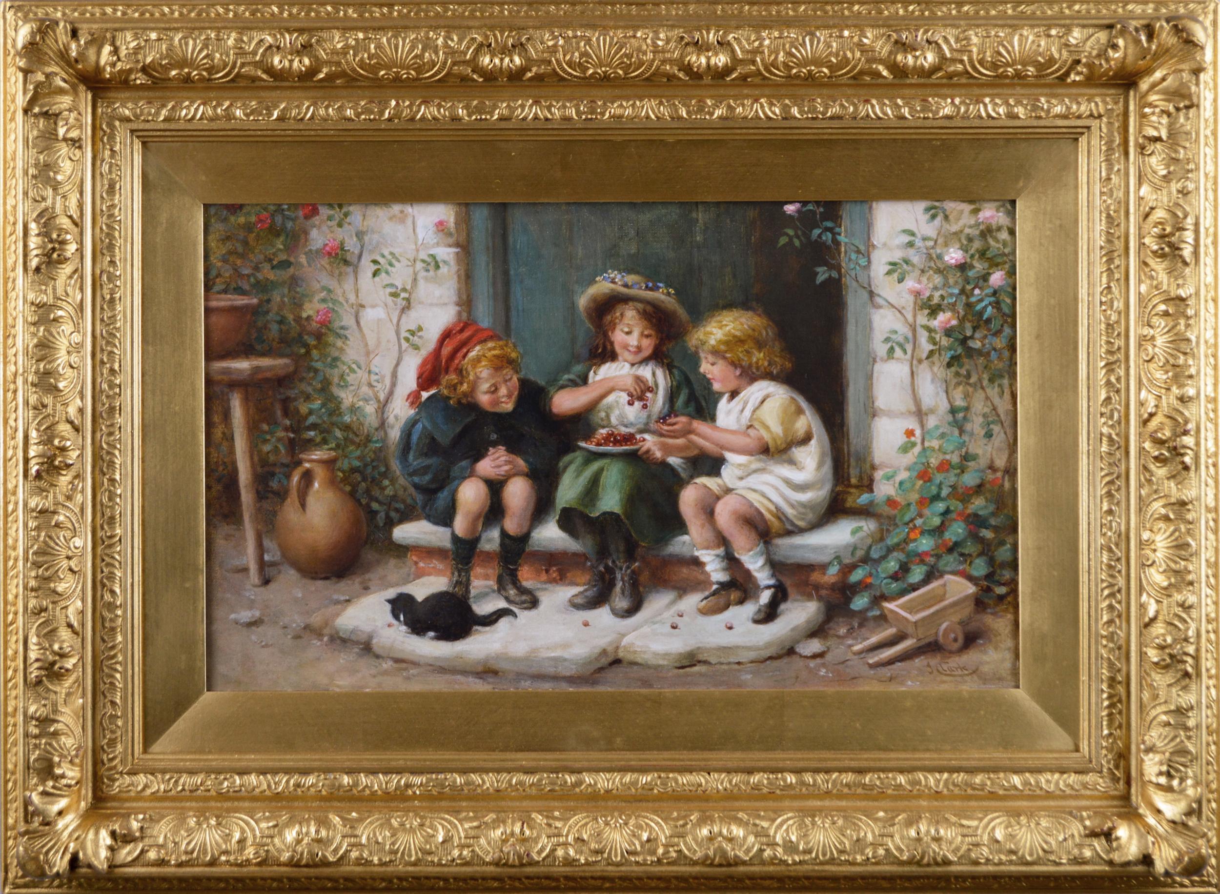 Joseph Clark  Figurative Painting - 19th Century genre oil painting of three children & a kitten