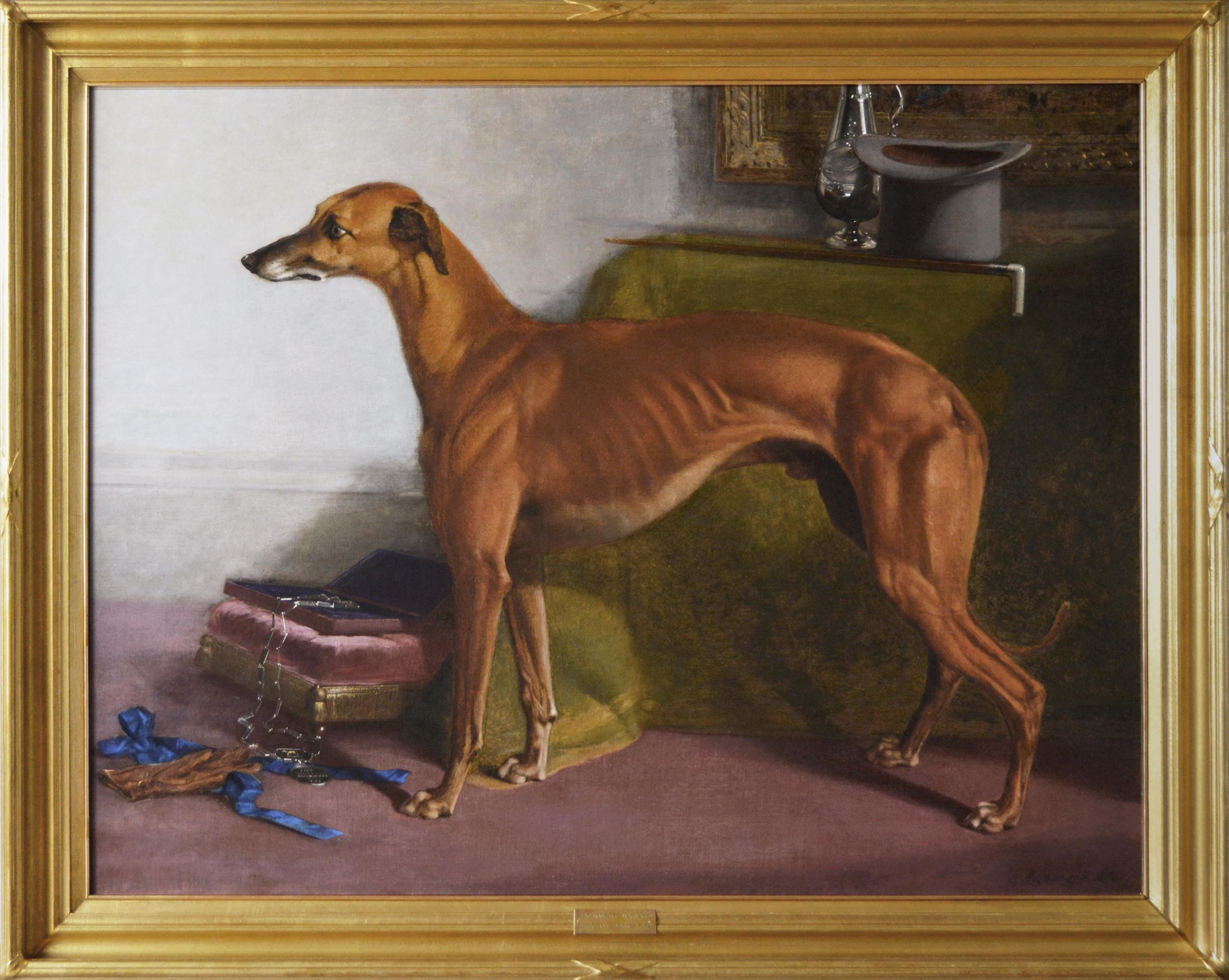 Robert Nightingale Animal Painting - Large scale 19th century dog portrait oil painting of a prize greyhound 