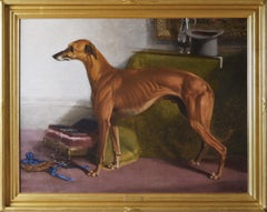 Large scale 19th century dog portrait oil painting of a prize greyhound 