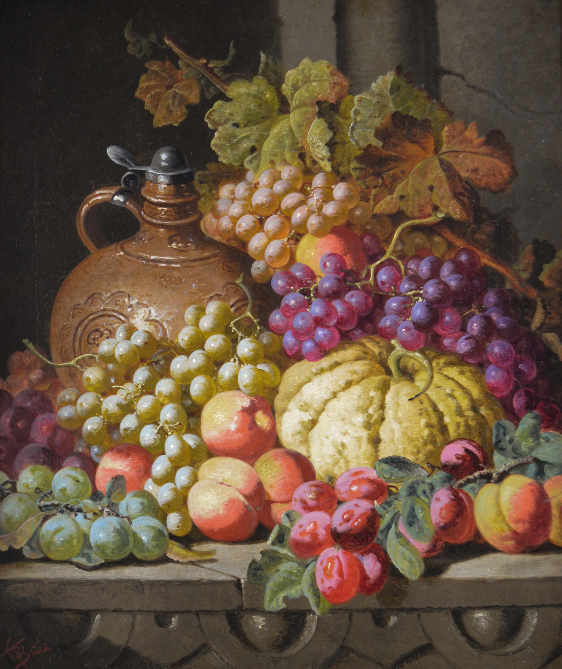 19th Century still life oil painting of fruit and a jug  - Painting by Charles Thomas Bale