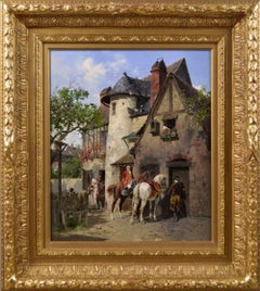 19th Century genre oil painting of two gentleman and horses by a country tavern