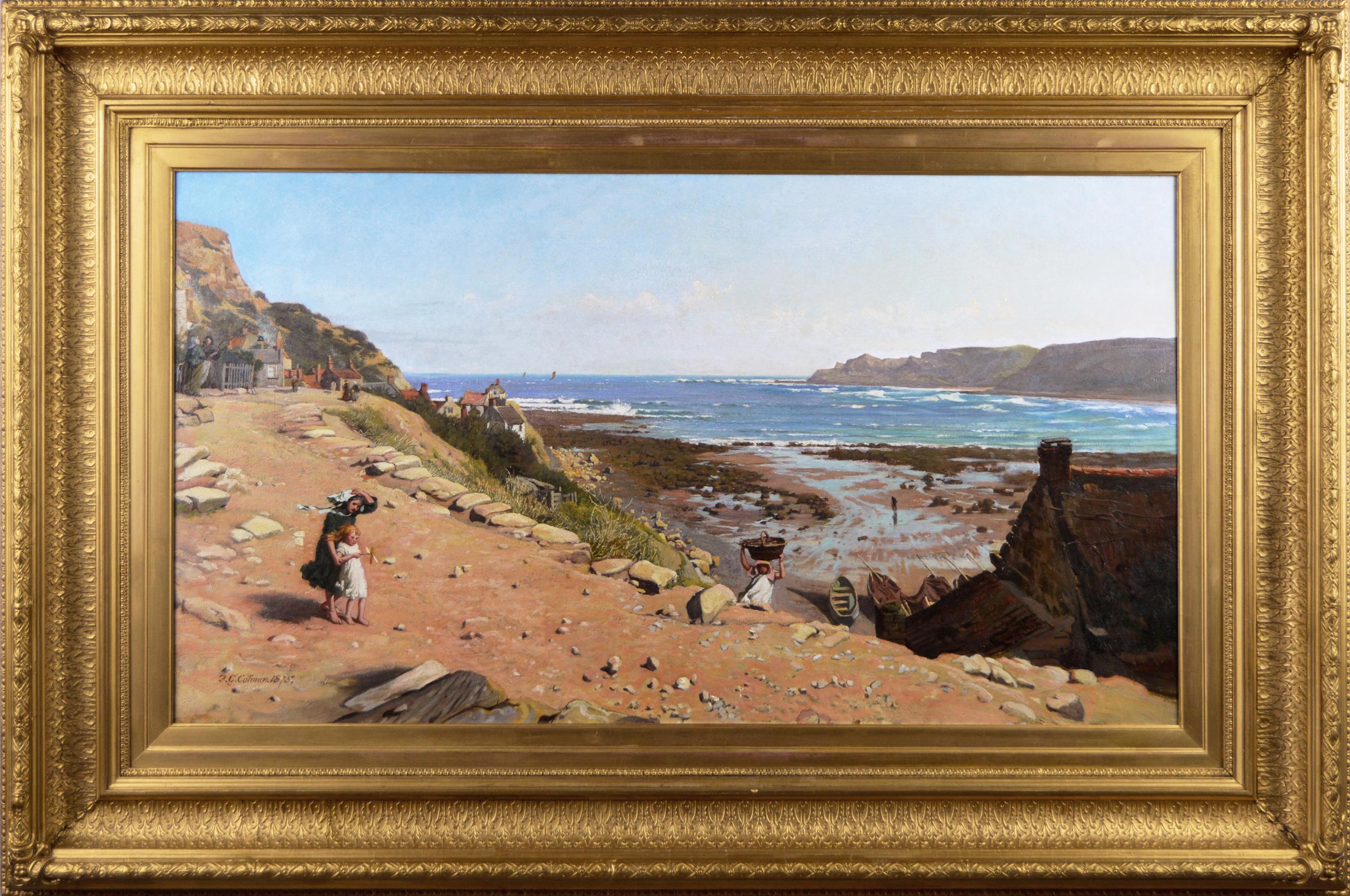 19th Century coastal seascape oil painting of Runswick Bay, Yorkshire 