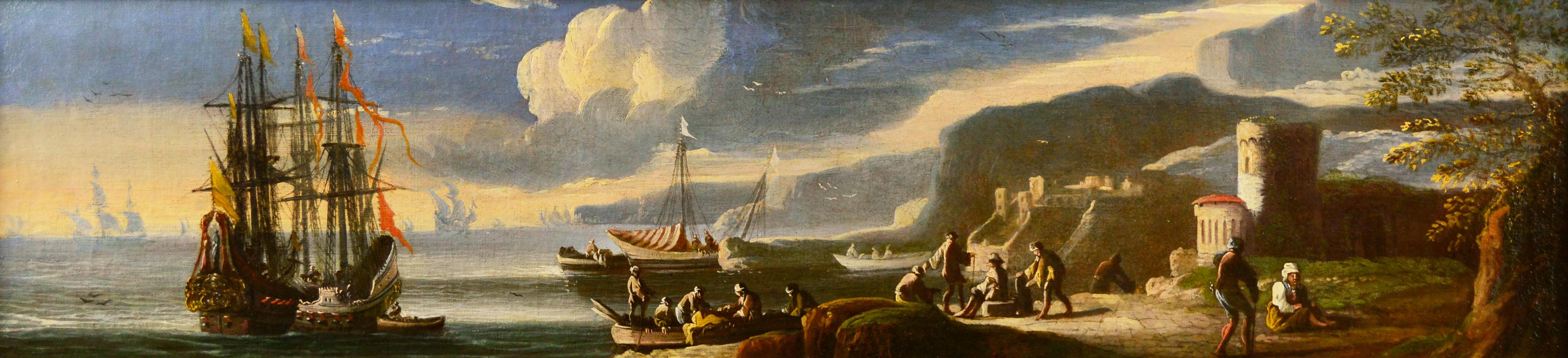 17th Century seascape oil painting of a harbour with ships - Painting by Circle of Johann Anton Eismann