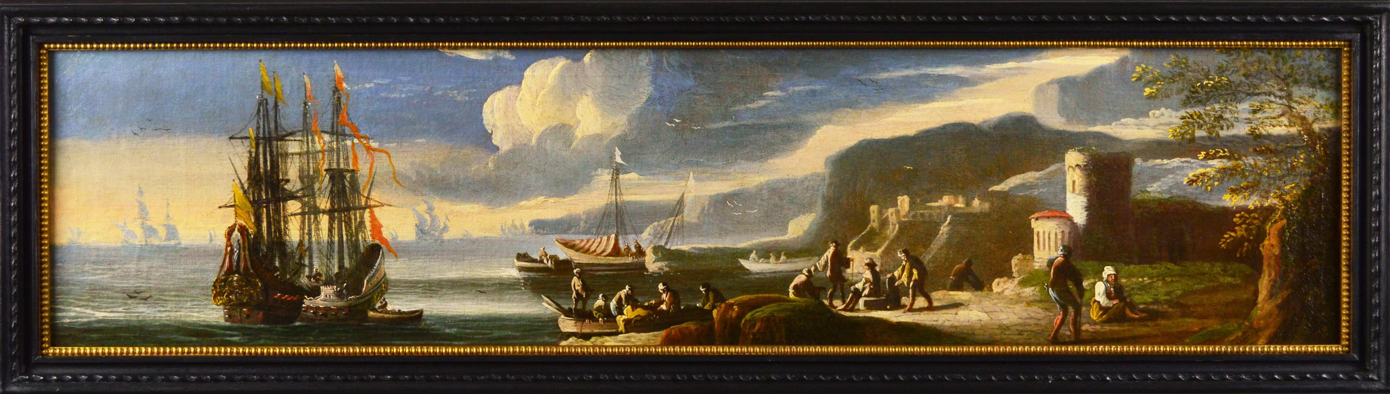 Circle of Johann Anton Eismann Landscape Painting - 17th Century seascape oil painting of a harbour with ships