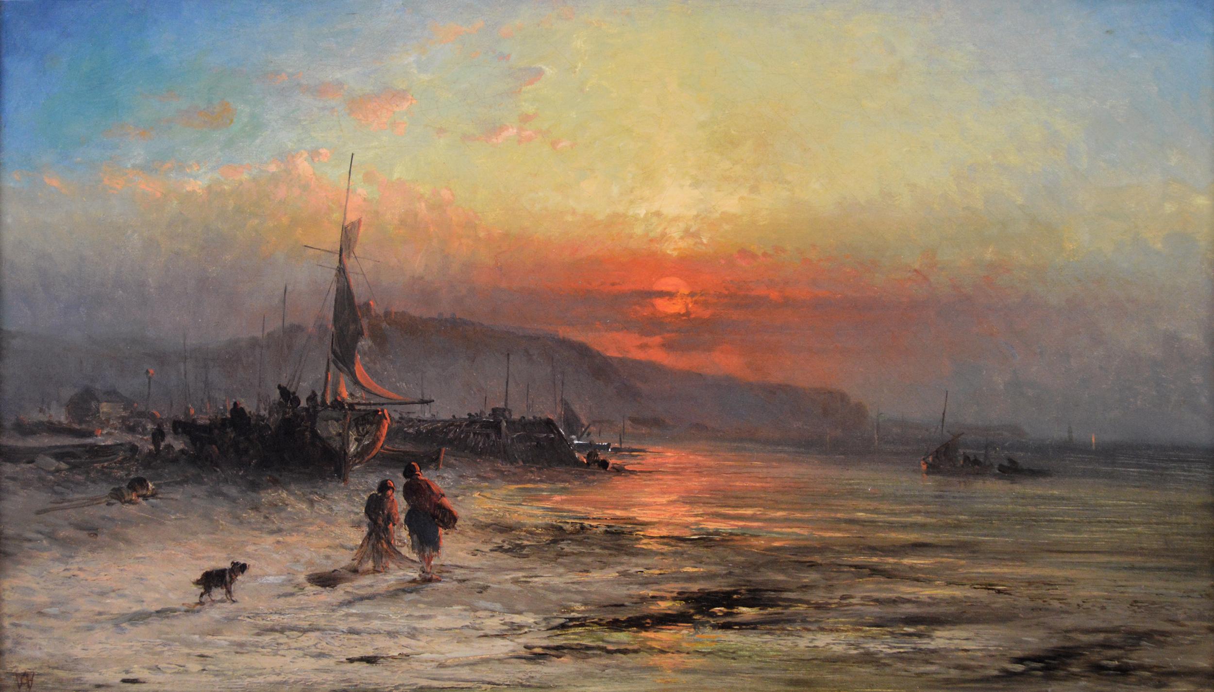 19th Century seascape oil painting of fishing boats by a shore - Painting by George Augustus Williams