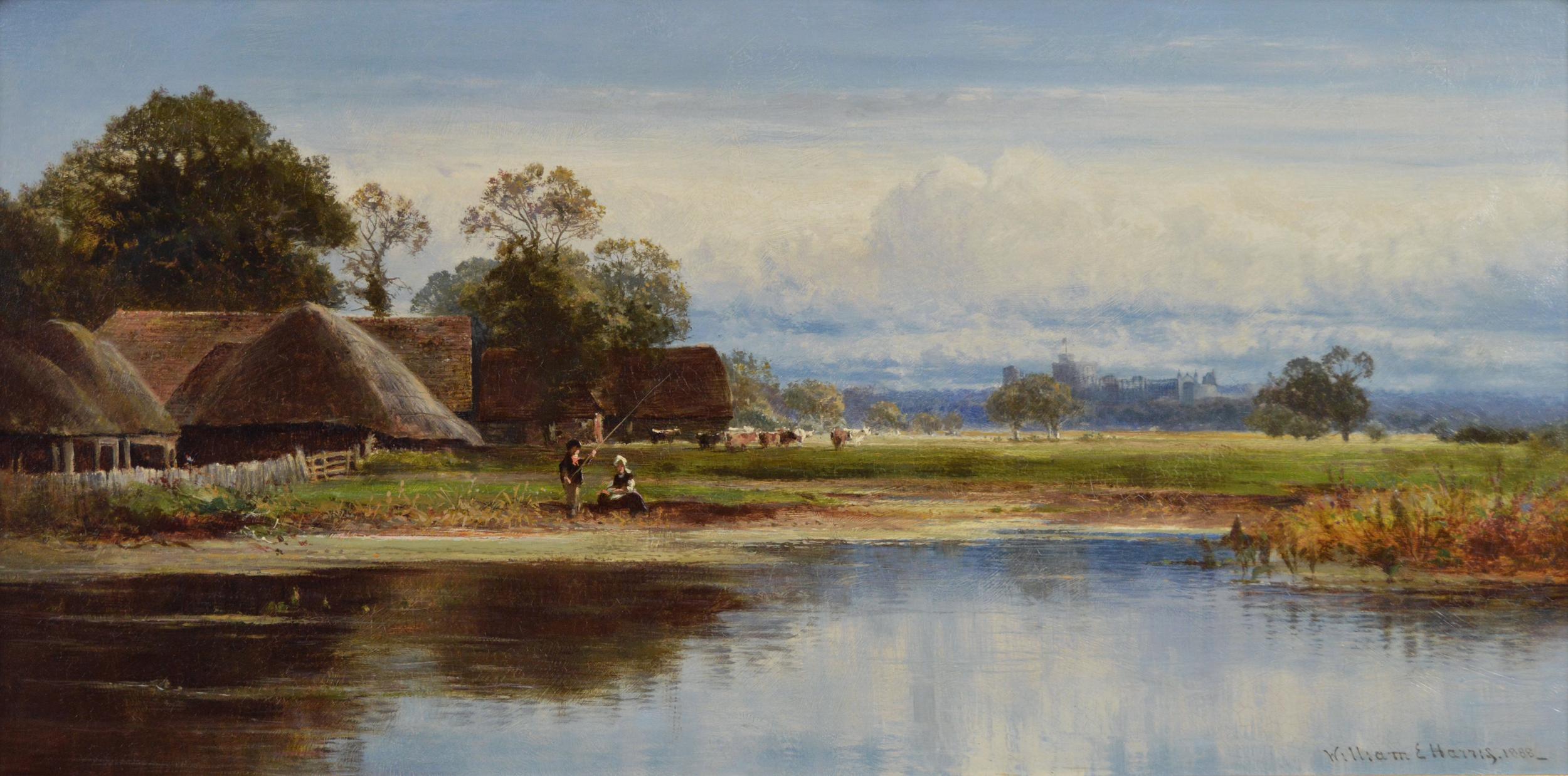 19th century landscape oil painting of a farm with Windsor Castle beyond - Painting by William E Harris