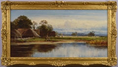 Antique 19th century landscape oil painting of a farm with Windsor Castle beyond