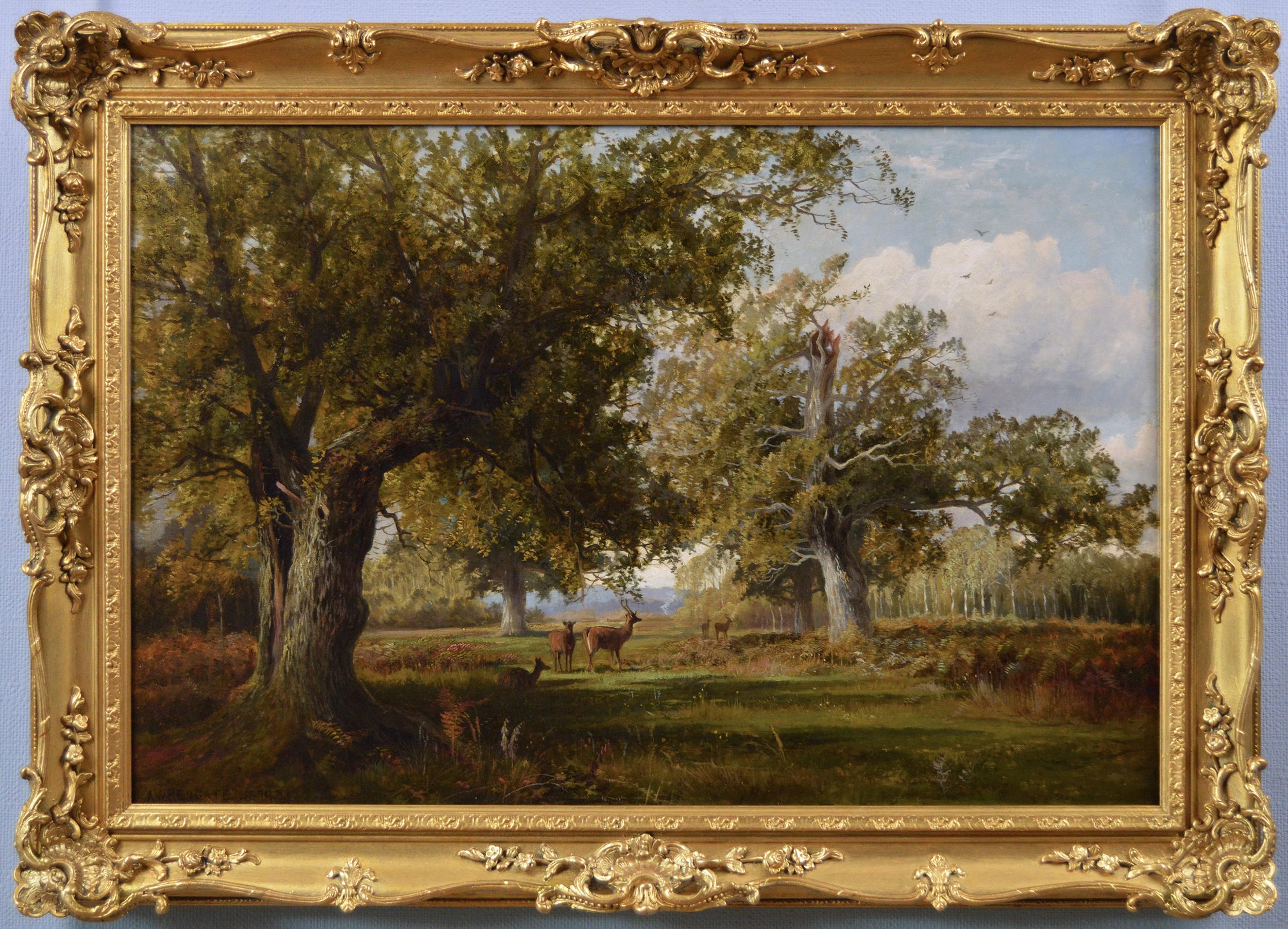 Arthur Walker Redgate Landscape Painting - 19th Century landscape oil painting of deer in a wood 