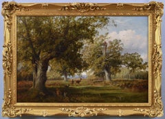 19th Century landscape oil painting of deer in a wood 