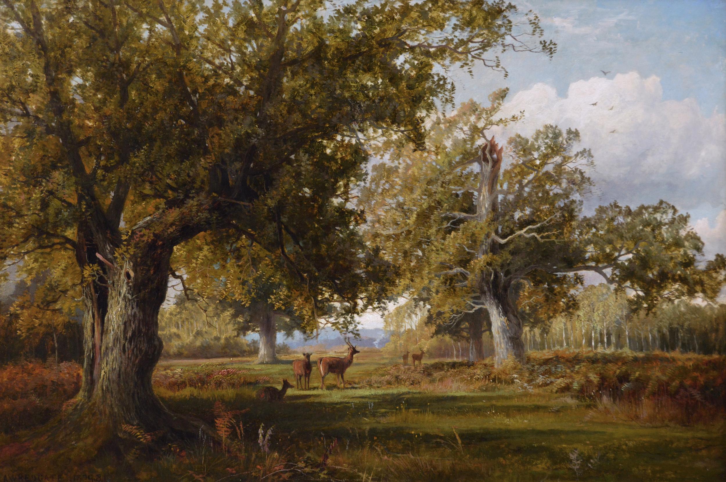 19th Century landscape oil painting of deer in a wood  - Painting by Arthur Walker Redgate