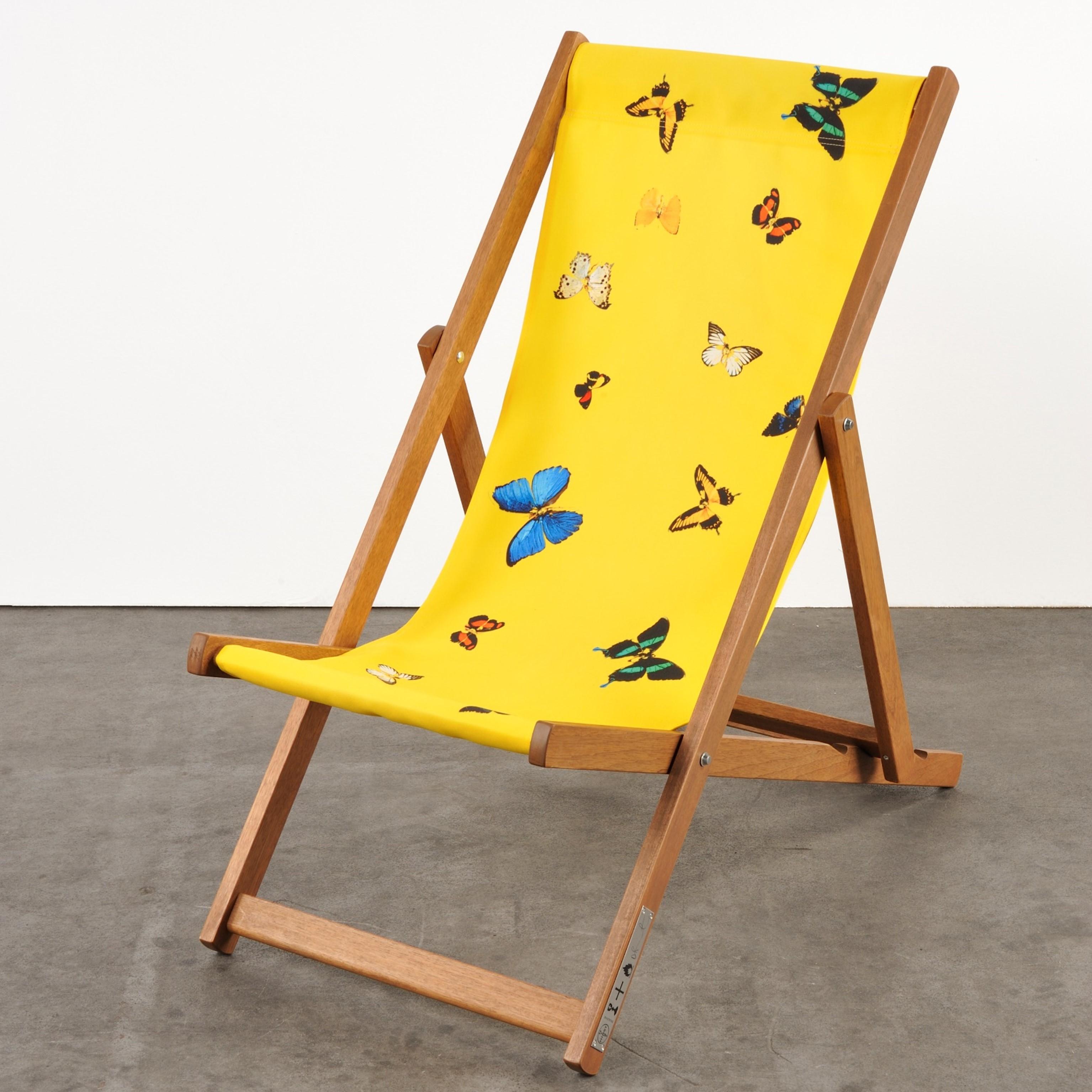 Hirst's Deckchairs use one of the artist's familiar motifs: a monochromatic background interrupted by a scattering of butterflies freezed in an eternal position. 

Damien Hirst
Deckchair (Yellow) - Contemporary art, 21st Century, Yellow, Design,