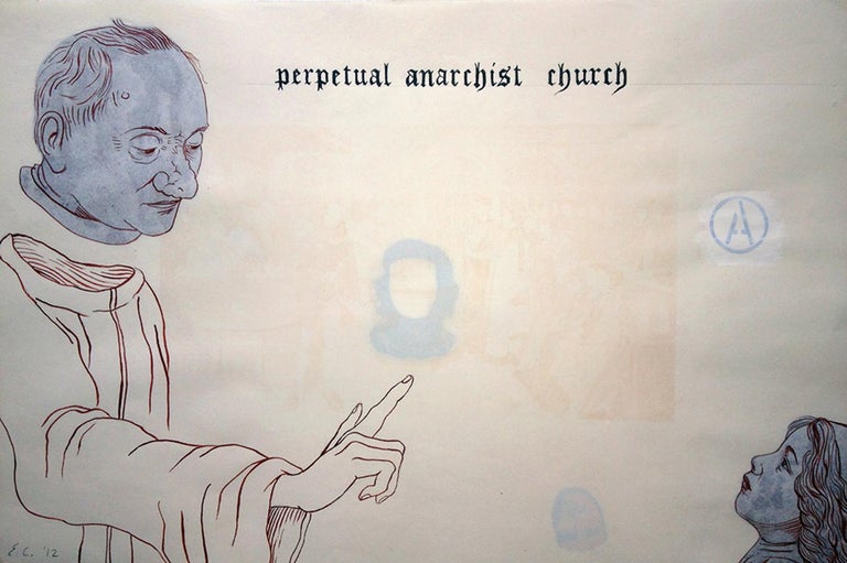Enrique Chagoya Figurative Art - "Ghostly Meditations (perpetual anarchist church)" unique drawing faces hand 