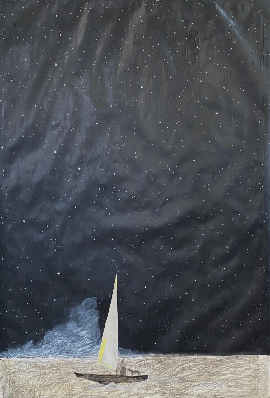 Gigi Mills Landscape Art - Night Sky/ Yellow Sail