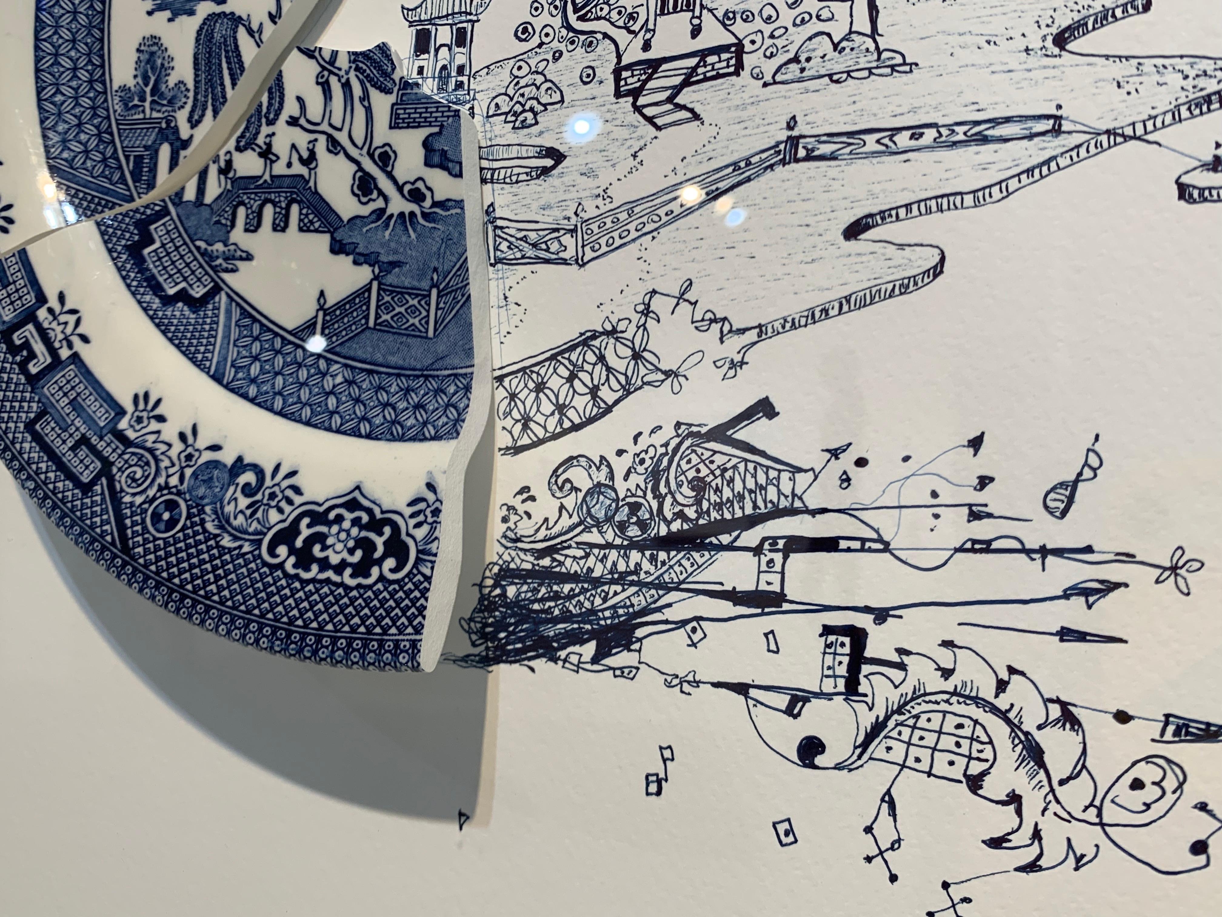 Fragmented in Blue with Bridges and Bird in Flight 3