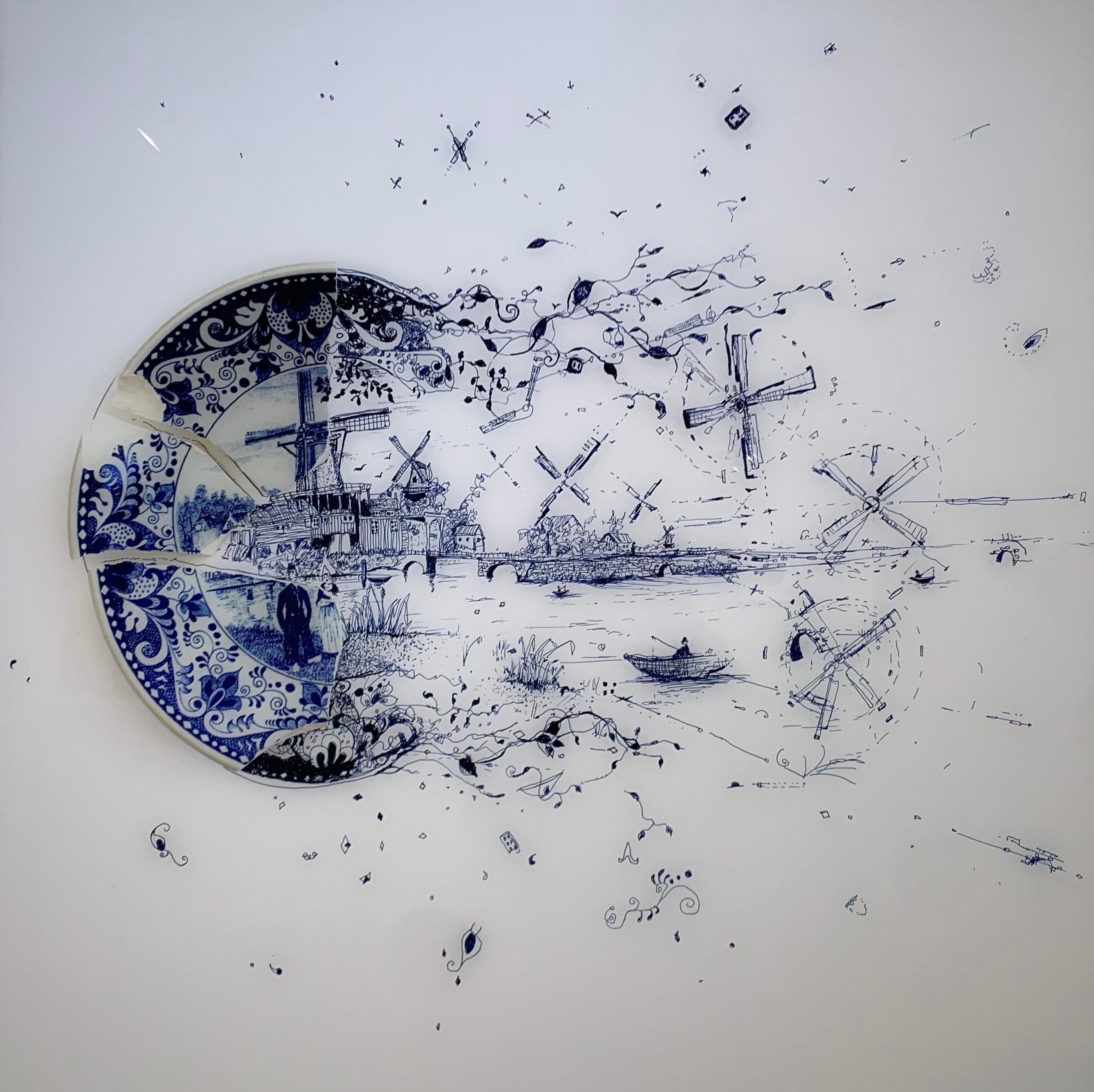 Prints on plexiglass - Fragmented in Blue with Windmills and Sailboat - Mixed Media Art by Robert Strati